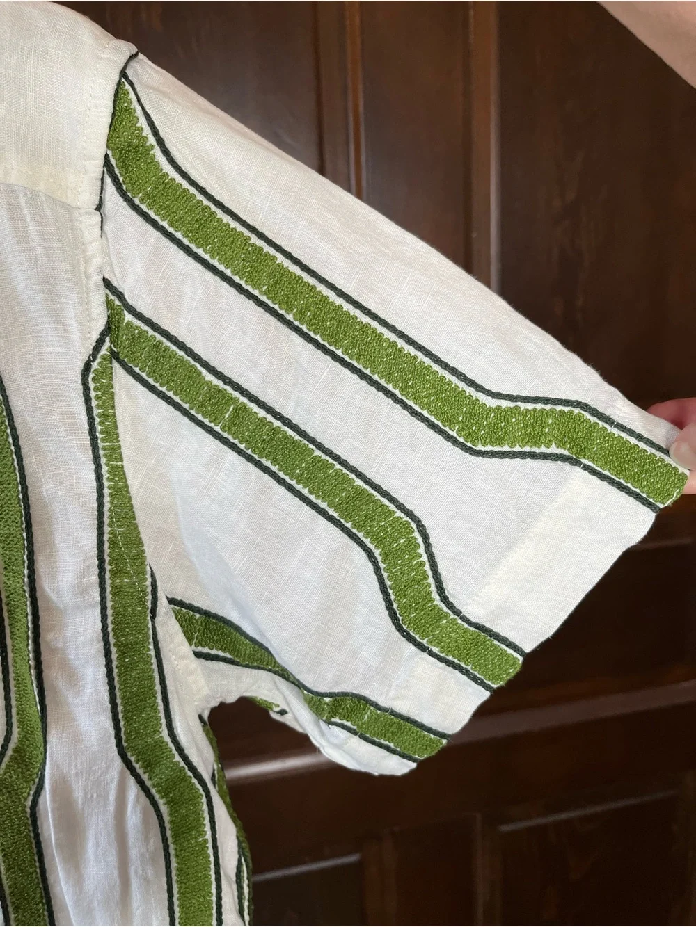Banana Republic Embroidered Linen Shirt Short Sleeve Men's L Green Geometric